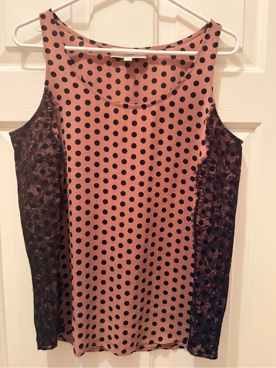 LOFT Tops - LOFT Large Dusty Pink Polka Dot Sleeveless Blouse Top with Black Lace Sides